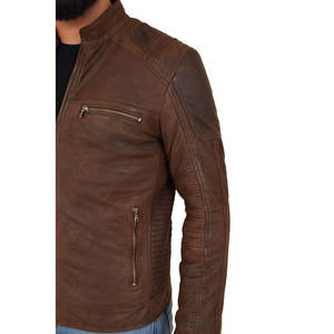 Chaqueta de Cuero con Forro de Viscosa Acolchada, Cierre de Cremallera, Color Marrón, Logotipo Personalizado al por Mayor, Chaqueta de Cuero Genuino Resistente al Viento, Chaqueta Desgastada para Hombre - Product Image 6