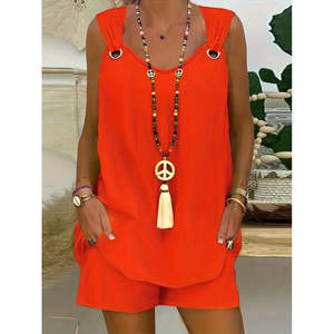 Conjunto de Dos Piezas Aerobin para Mujer, Blusa sin Mangas con Cuello en V y Detalle de Ojales, y Pantalones Cortos, 36168 - Naranja - Product Image 1