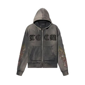 Sudadera con Capucha de Invierno Personalizada con Pedrería, Mezcla de Algodón, Bordado Completo, Cierre de Cremallera, Estilo Vintage con Lavado Ácido - Product Image 1