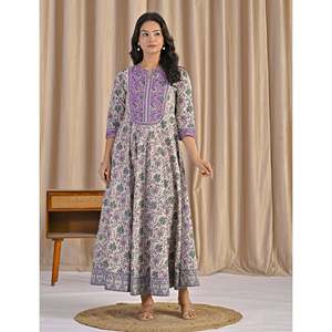 Robe Anarkali en coton imprimé à la main, gris et violet, vêtements américains - Product Image 5