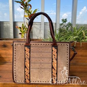 กระเป๋าโท้ทปักลายดอกไม้หนังกลับสีน้ำตาลสำหรับผู้หญิงกระเป๋าหนังแท้แบบซ่อนกระเป๋าถือแบบสะพายข้าง - Product Image 1