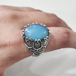 Anillo de Plata de Ley 925 con Calcedonia Azul Natural, Piedra de Nacimiento, Todas las Tallas, Joyería Árabe Navideña, Recién Llegado - Product Image 5