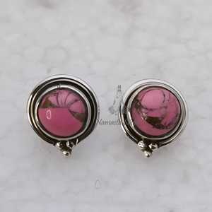 Pendientes de Turquesa Rosa, Plata de Ley 925, Piedras Preciosas Redondas Hechas a Mano - Product Image 2