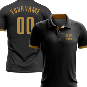 Polo personnalisé noir à sublimation avec accents dorés, personnalisé avec le nom de l'équipe et le numéro de joueur, vêtements élégants et confortables - Product Image 3