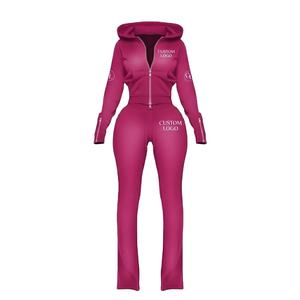 Conjunto de Sudadera con Capucha Corta Rosa de Dos Piezas para Mujer, con Chaqueta con Cremallera de Última Tendencia OEM, Logotipo Personalizado y Pantalones de Chándal Lisos con Efecto Desgastado Vintage - Product Image 3