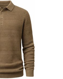 Pull Polo Homme Personnalisé à Texture Horizontale en Tricot, Manches Longues, Col Boutonné, Décontracté, Hiver, en Brun Camel, Vente en Gros - Product Image 4