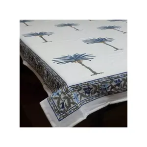 Direct Manufacturer Palm Tree Blue Hand Block Printed Soft Cotton Long Tablecloth Embroidered For Sale At Best Price