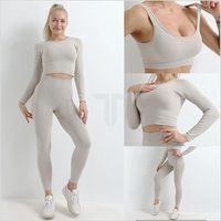 Nouveauté 2024 : Ensemble de sport 2 pièces pour femme, taille haute, respirant, écologique, motif uni, avec leggings de gym rembourrés en forme de V