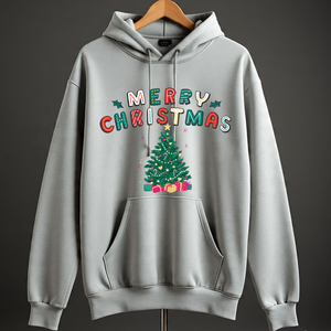 Men's Christmas <b>Tree</b> Printed Hoodie Cotton Knitted Casual Winter Sweatshirt Front Logo Pocket Design Regular Fit - Product Image 3