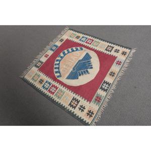 Alfombra Turca Vintage de Kilim con Diseño de Patchwork, 2.8x2.8 pies (86x85 cm), Lana Roja, Ecológica, con Respaldo de Látex, para el Hogar - Product Image 1