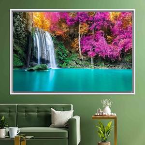 Impression sur toile Cascade de arbres violets : Art mural élégant avec vue sur le lac, toile encadrée blanche - Product Image 1
