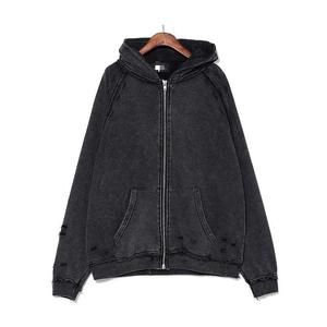Sin cuerda logotipo personalizado streetwear 460gsm francés Terry manga raglán desgastado lavado ácido zip up sudaderas con capucha para unisex - Product Image 3