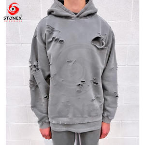 Sweat à capuche en coton personnalisé effet trou lourd Sweat à capuche vieilli anti-rétrécissement lavé pour hommes - Product Image 5