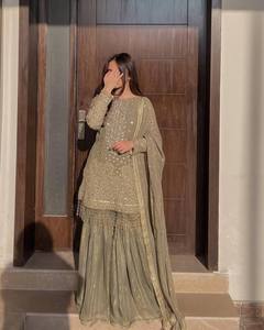 Designer indien pakistanais vêtements vert olive Georgette Sharara costume lourd séquence travail pour les occasions de fête de mariage - Product Image 3