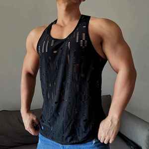 Débardeur d'été pour hommes Sexy Thin Vest in Black pour Disco Fitness Sports Casual Style Breathable with Ripped Hole Hollow Design - Product Image 4