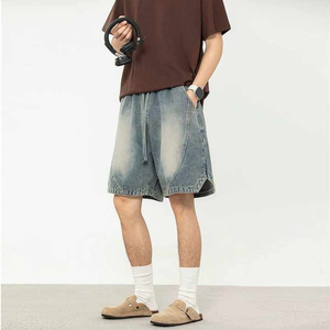 2025 personnalisé Vintage lavé bleu lâche cordon Style haut Baggy Shorts pour hommes Stitchmode Denim Streetwear directement pour l'été - Product Image 3