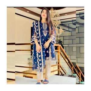 Vestido de seda de 3 piezas de estilos de verano paquistaníes para damas Salwar Kameez estampado y bordado con diseño de traje indio Dupatta - Product Image 1