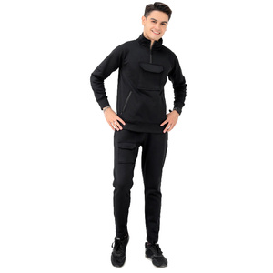 Conjunto completo de ropa deportiva negra para hombre, jersey con media cremallera, Jogger con bolsillos utilitarios, chándal informal de dos piezas, patrón sólido - Product Image 1