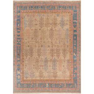 Tapis en laine noué à la main Erbe Beige Marron AKWL-1441, motif floral abstrait, pour salon, couloir, entrée, forme rectangulaire, style puzzle - Product Image 1