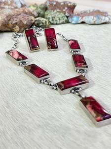 Elegante conjunto de joyería floral hecho a mano plata esterlina rojo rosa Dalia collar y pendientes rodio oro bisel ajuste para mujer - Product Image 2