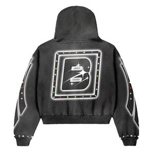 Wholesale Custom <b>Y2K</b> Acid Washed <b>Hoodie</b> for Men Vintage Streetwear Fashion Rhinestone Knitted Logo Printed <b>Hoodie</b> Shirts Men's - Product Image 2