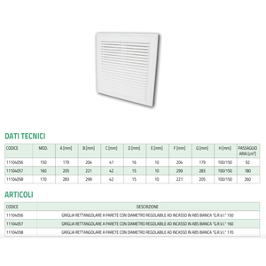 Tecnosystemi G.R.V.I. Rejilla de Pared Rectangular Blanca de ABS, Rejillas y Grelas Integradas con Diámetro Ajustable - Product Image 2