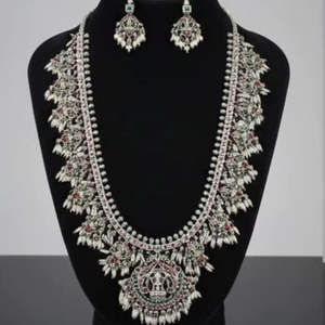 God Laxmi Pendant Guttapasalu Oxidised Silver Long <b>Necklace</b> Fancy Party Wear Temple Jewellery Ethnic Indian <b>Womens</b> <b>Necklace</b> <b>Set</b> - Product Image 1