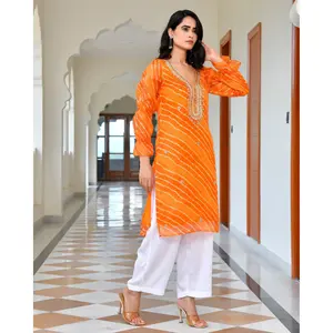 Conjunto de Kurta Leheriya Naranja para Mujer con Material Kota Doriya, Elegante Ropa Tradicional India - Product Image 5