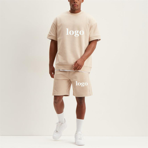 Ensemble deux pièces personnalisé de vêtements survêtement T-shirt et short à épaules tombantes en coton pima imprimé pour hommes - Product Image 4