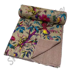 Gambar burung Kantha selimut katun bolak-balik ukuran ganda 60X90 inci rajasmangkuk selimut buatan tangan Multi warna selimut tempat tidur