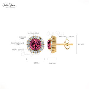 Boucles d'oreilles classiques à la mode du fournisseur en gros le mieux noté 14k griffe de partage en diamant blanc massif 4mm fêtes en tourmaline rose - Product Image 6