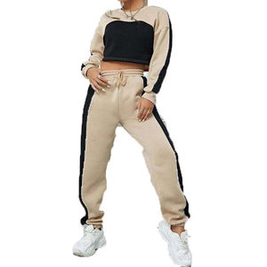 Conjunto de chándal de bloque de color personalizable para mujer, sudaderas con capucha y joggers de lana, ropa deportiva de gimnasio de talla grande para verano con logotipo - Product Image 1