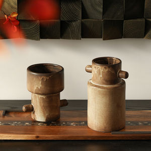 FLOLENCO CASA Wabi-sabiダブルネイルセラミック花瓶インテリアセラミックボトル高い花花瓶装飾卓上花瓶 - Product Image 5