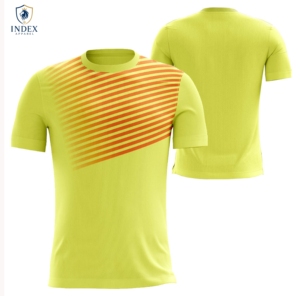 เสื้อฟุตบอลผู้ชายแบบซับลิเมชั่น ยี่ห้อ Index Apparel คอกลม แขนสั้น สีเหลือง-ส้ม ลายทาง ระบายเหงื่อได้ดี ทรงแอธเลติก - Product Image 1