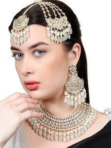 Collar y Pendientes de Circonita India de Alta Calidad Sin Cortar, Estilo Polki, 20 Quilates, Multicolor, Forma de Pera, Cuentas de 3 mm, Combo para Boda Sabyasachi - Product Image 4