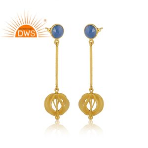 Último diseño 18K chapado en oro Natural azul Calcedonia piedra preciosa colgante pendiente Demi joyería fina fabricante - Product Image 2