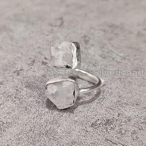 Rough Women's <b>Ring</b> Natural Rainbow Moonstone June Birthstone Double Stone <b>Adjustable</b> Handmade Jewelry 925 <b>Sterling</b> <b>Silver</b> <b>Ring</b> - Product Image 2