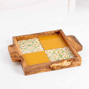 Elegant Square Ottoman Tray Customizable Olivewood & Ceramic Serving Tray for Contemporary <b>Coffee</b> <b>Tables</b> - Product Image 1