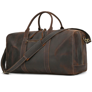 Genuine Leather Lightweight Vintage Waterproof Foldable Portable <b>Duffel</b> <b>Bag</b> Weekender Travel <b>Bag</b> Zipper Closure Detachable Strap - Product Image 5