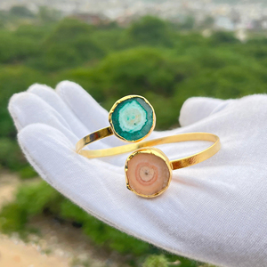 Brazalete de cuarzo Solar Natural para mujer, chapado en oro de 18 quilates, latón macizo, Metal, doble piedra preciosa, brazalete hecho a mano - Product Image 4