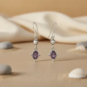 Pendientes clásicos chapados en plata con amatista y perlas de imitación para mujer, regalo - Product Image 1