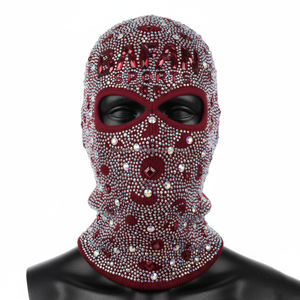 Balaclava en tricot premium pour femmes, tissu extensible bordeaux, design à panneau unique, logo personnalisé en strass, balaclava pour femmes de haute qualité - Product Image 1