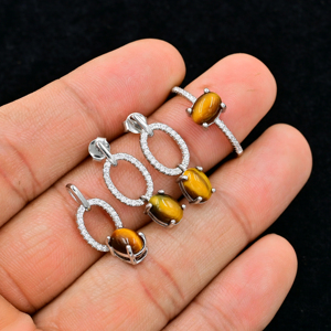 Ensemble de bijoux en argent Sterling 925 véritable de luxe à la mode avec bague/boucles d'oreilles en pierres précieuses œil de tigre naturel et ensemble de pendentifs pour femmes - Product Image 2