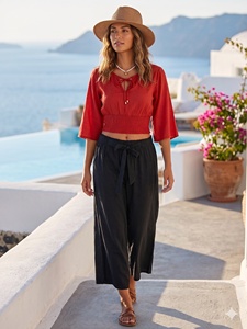 Women's Bohemian <b>Crop</b> <b>Top</b> Blouse <b>Red</b> Three Quarter Bell Sleeve Boat Neck Elastic Waist Solid Color Spring Summer Regular Fit - Product Image 5