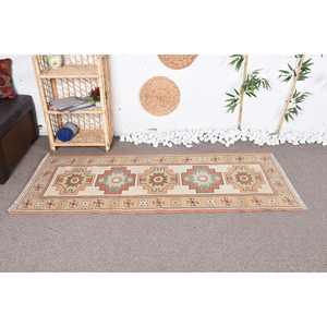 Vintage Traditional Eco-Friendly Beige and <b>Red</b> Patchwork Wool Rug with Medium Pile 2.6x6.2 ft <b>Latex</b> Backing - Product Image 1