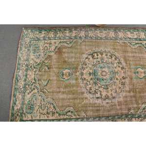 Alfombra turca Vintage de 6 'X 9 ', tejido plano de lana verde y beige con patrón de retazos, alfombra para sala de estar con respaldo de látex - Product Image 3