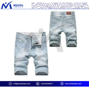 กางเกงขาสั้นผ้ายีนส์เอวสูงของผู้ชายแบบพรีเมี่ยมมีสไตล์เข้ารูปมีกระดุม100% ลอยผ้าฝ้ายทนทานตกแต่งวินเทจแบบลำลอง - Product Image 4