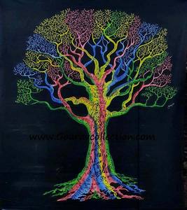 Tapiz Decorativo <span class=keywords><strong>de</strong></span> Pared con Estampado <span class=keywords><strong>de</strong></span> Árbol <span class=keywords><strong>de</strong></span> la Vida Multicolor sobre Base Negra, Sábana <span class=keywords><strong>de</strong></span> Tela <span class=keywords><strong>de</strong></span> Algodón para Decoración del Hogar GC-TP-165-C - Product Image 1