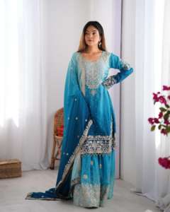 Sharara élégante bleu rivière avec travail de perles rivière, en soie chinon, avec codage Dori, avec séquence, avec rivet, haut et sharara avec dupatta - Product Image 1