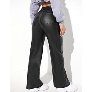 Pantalones rectos de pierna ancha y cintura alta para mujer, pantalones con aspecto de cuero, bolsillos personalizados, estilo Hip Hop transpirable para invierno - Product Image 2